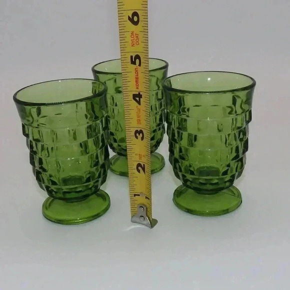 Vintage Indiana Whitehall Green Glasses, Whitehall Colony Cubist MCM Set of 3 - Picture 3 of 5